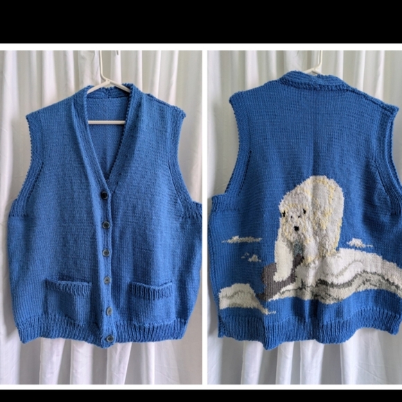 Handmade Other - Vintage Handknit Polar Bear Vest Blue Button Front V-neck Men's Women's